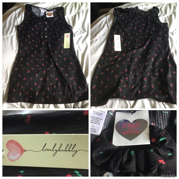 Lovely Bubbly 1X black plus size cherry tank top with scrunchie NWT - Picture 1 of 9